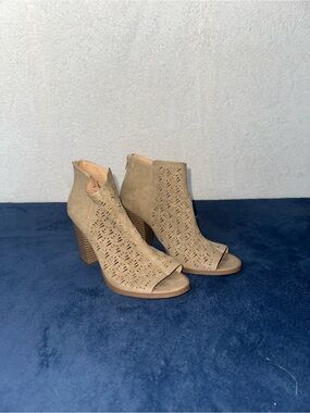 Suede Open-Toe Heel Booties - Taupe